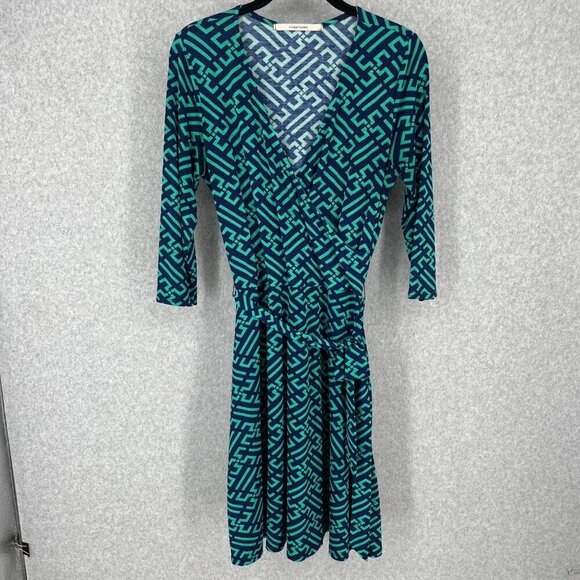 41 Hawthorn Faux Wrap Midi Dress Size M Navy Blue Green Geometric Tie Waist EUC - Picture 1 of 13